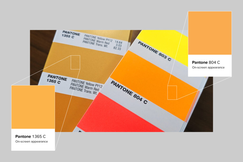 These yellows appear nearly identical on screen, but Pantone 804 C is actually neon orange! Be sure to verify your selected spot colors using a swatch book.